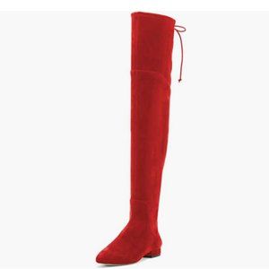 YDN Red Sexy Closed Toe Lace Up Thigh High Low Heel Over The Knee Boots